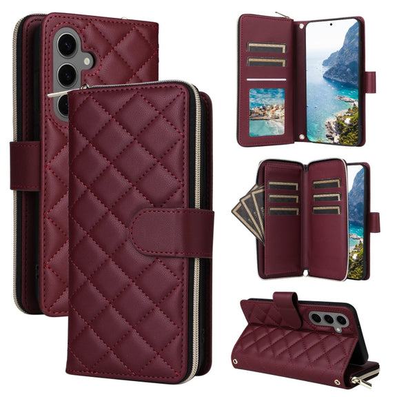 For Samsung Galaxy S25+ 5G Crossbody Rhombic Zipper Tower Buckle Leather Phone Case with Lanyard(Wine Red)