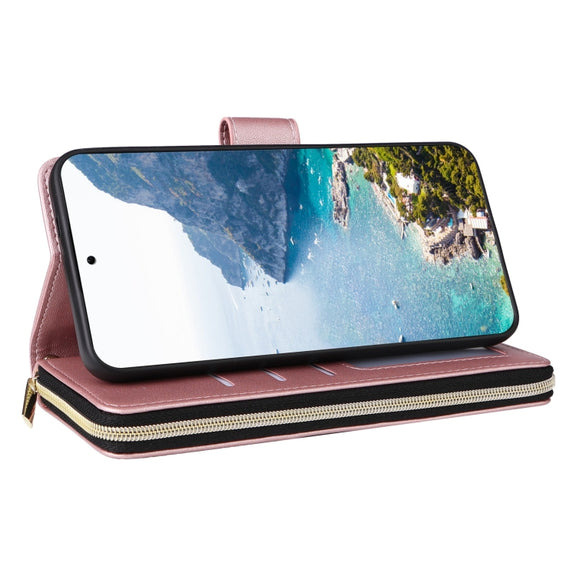 For Samsung Galaxy S25+ 5G Crossbody Rhombic Zipper Tower Buckle Leather Phone Case with Lanyard(Rose Gold)