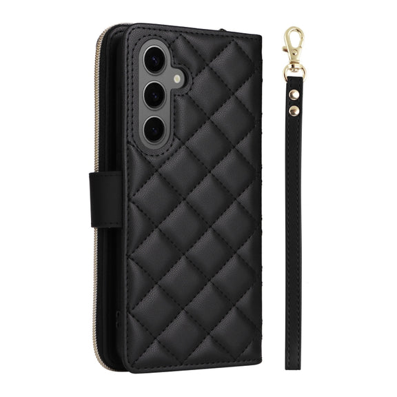 For Samsung Galaxy S25+ 5G Crossbody Rhombic Zipper Tower Buckle Leather Phone Case with Lanyard(Black)