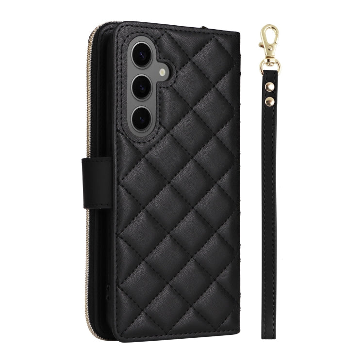 For Samsung Galaxy S25+ 5G Crossbody Rhombic Zipper Tower Buckle Leather Phone Case with Lanyard(Black)