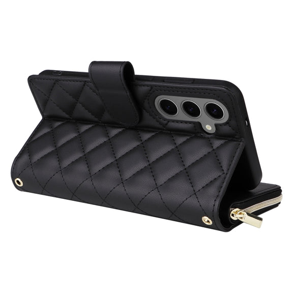 For Samsung Galaxy S25+ 5G Crossbody Rhombic Zipper Tower Buckle Leather Phone Case with Lanyard(Black)