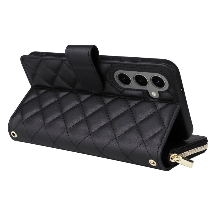 For Samsung Galaxy S25+ 5G Crossbody Rhombic Zipper Tower Buckle Leather Phone Case with Lanyard(Black)