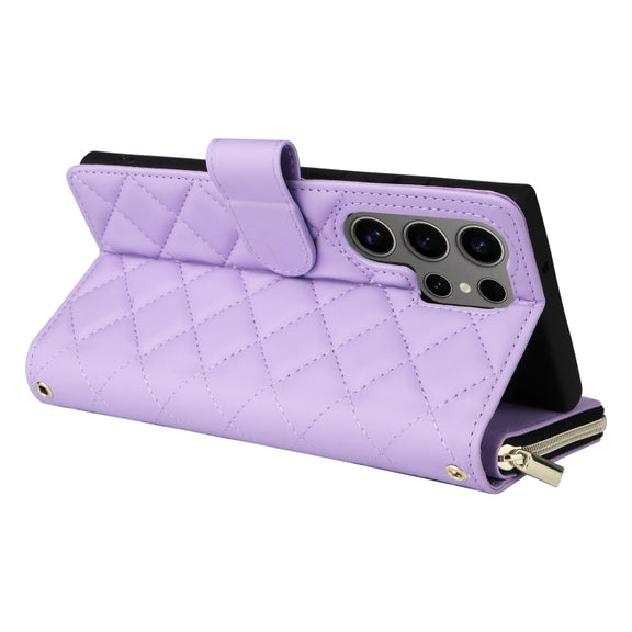 For Samsung Galaxy S25 Ultra 5G Crossbody Rhombic Zipper Tower Buckle Leather Phone Case with Lanyard(Purple)