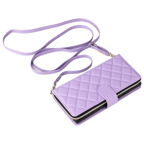 For Samsung Galaxy S25 Ultra 5G Crossbody Rhombic Zipper Tower Buckle Leather Phone Case with Lanyard(Purple)