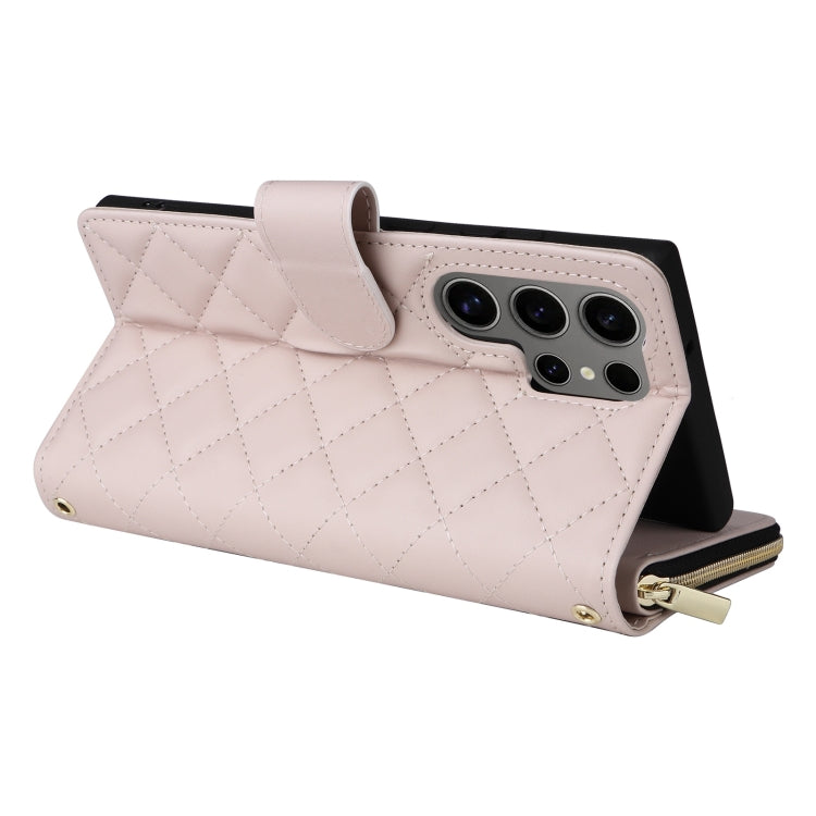 For Samsung Galaxy S25 Ultra 5G Crossbody Rhombic Zipper Tower Buckle Leather Phone Case with Lanyard(Beige)