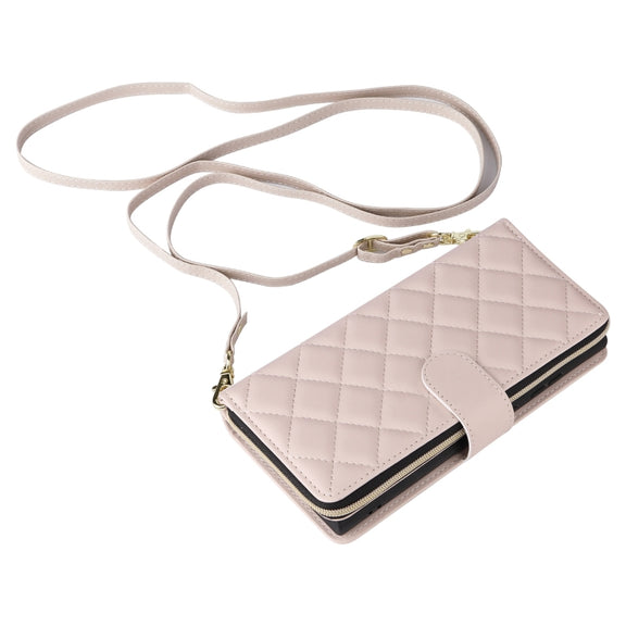 For Samsung Galaxy S25 Ultra 5G Crossbody Rhombic Zipper Tower Buckle Leather Phone Case with Lanyard(Beige)