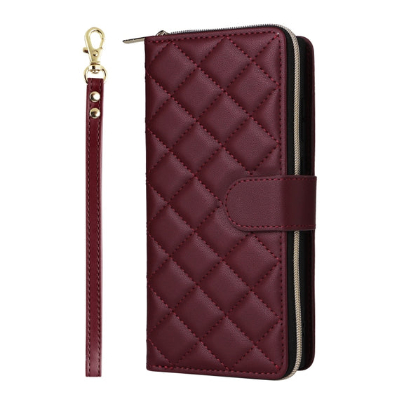 For Samsung Galaxy S25 Ultra 5G Crossbody Rhombic Zipper Tower Buckle Leather Phone Case with Lanyard(Wine Red)