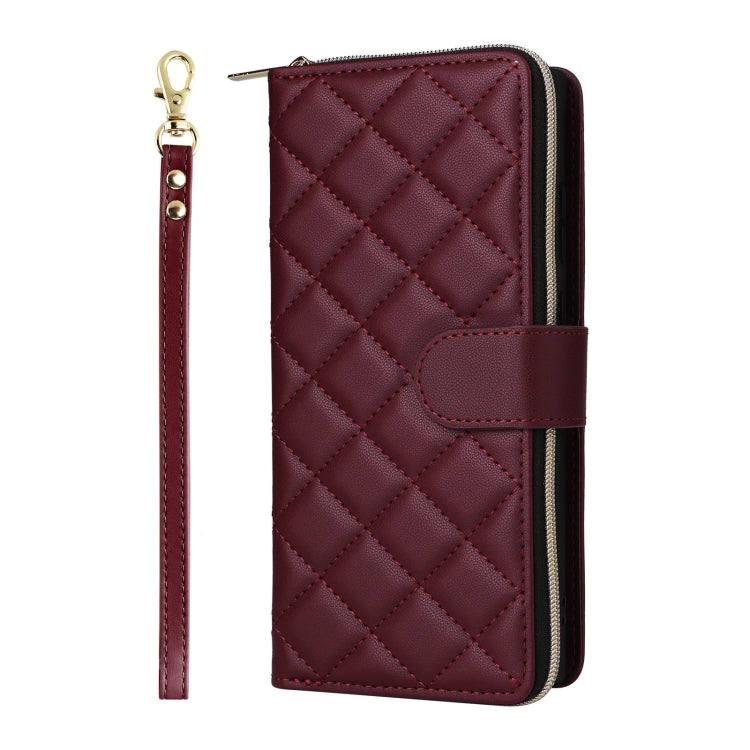 For Samsung Galaxy S25 Ultra 5G Crossbody Rhombic Zipper Tower Buckle Leather Phone Case with Lanyard(Wine Red)