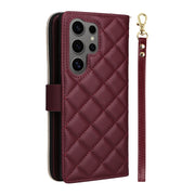For Samsung Galaxy S25 Ultra 5G Crossbody Rhombic Zipper Tower Buckle Leather Phone Case with Lanyard(Wine Red)