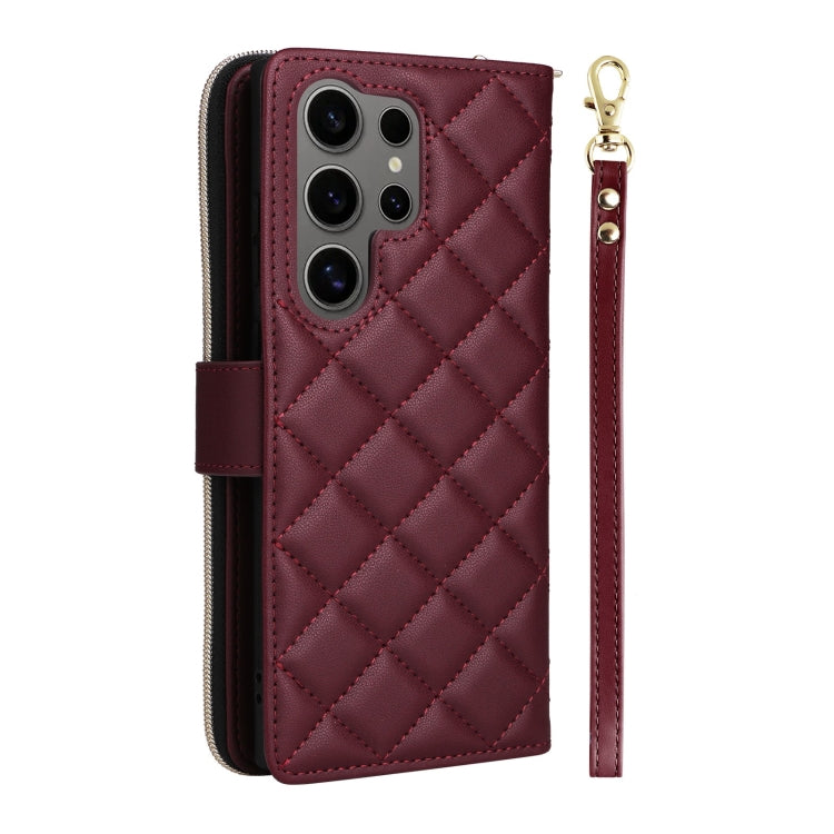For Samsung Galaxy S25 Ultra 5G Crossbody Rhombic Zipper Tower Buckle Leather Phone Case with Lanyard(Wine Red)