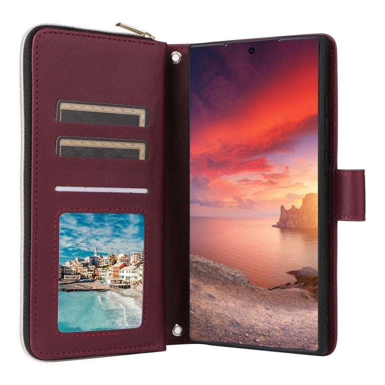 For Samsung Galaxy S25 Ultra 5G Crossbody Rhombic Zipper Tower Buckle Leather Phone Case with Lanyard(Wine Red)