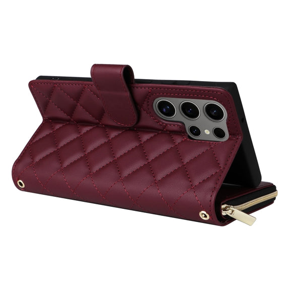 For Samsung Galaxy S25 Ultra 5G Crossbody Rhombic Zipper Tower Buckle Leather Phone Case with Lanyard(Wine Red)