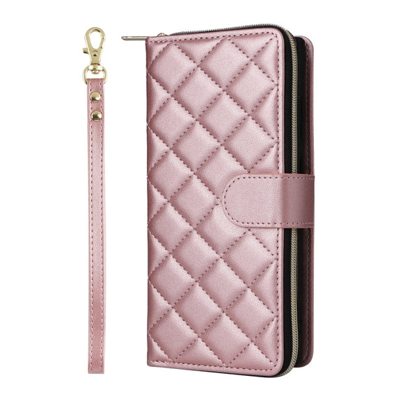For Samsung Galaxy S25 Ultra 5G Crossbody Rhombic Zipper Tower Buckle Leather Phone Case with Lanyard(Rose Gold)
