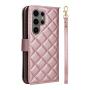 For Samsung Galaxy S25 Ultra 5G Crossbody Rhombic Zipper Tower Buckle Leather Phone Case with Lanyard(Rose Gold)
