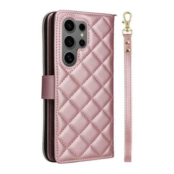 For Samsung Galaxy S25 Ultra 5G Crossbody Rhombic Zipper Tower Buckle Leather Phone Case with Lanyard(Rose Gold)