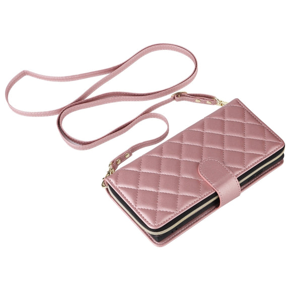 For Samsung Galaxy S25 Ultra 5G Crossbody Rhombic Zipper Tower Buckle Leather Phone Case with Lanyard(Rose Gold)