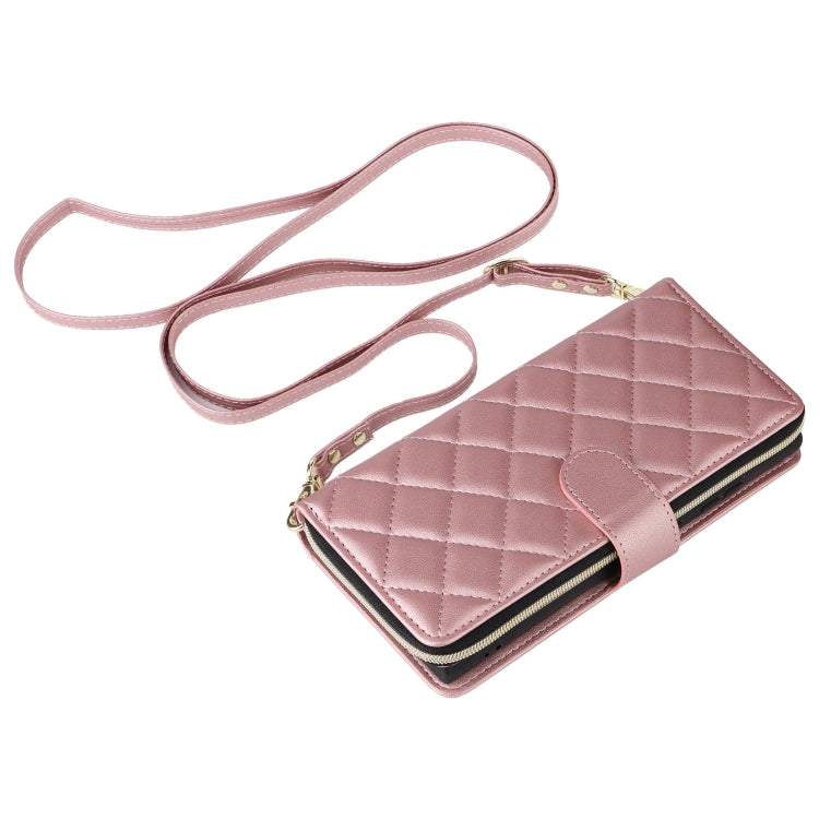 For Samsung Galaxy S25 Ultra 5G Crossbody Rhombic Zipper Tower Buckle Leather Phone Case with Lanyard(Rose Gold)