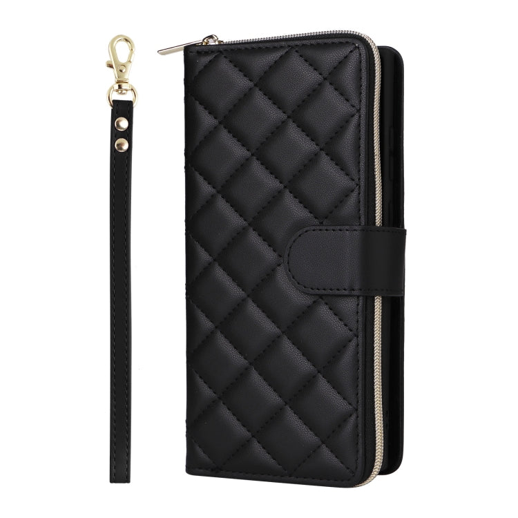For Samsung Galaxy S25 Ultra 5G Crossbody Rhombic Zipper Tower Buckle Leather Phone Case with Lanyard(Black)
