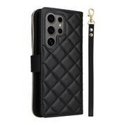For Samsung Galaxy S25 Ultra 5G Crossbody Rhombic Zipper Tower Buckle Leather Phone Case with Lanyard(Black)