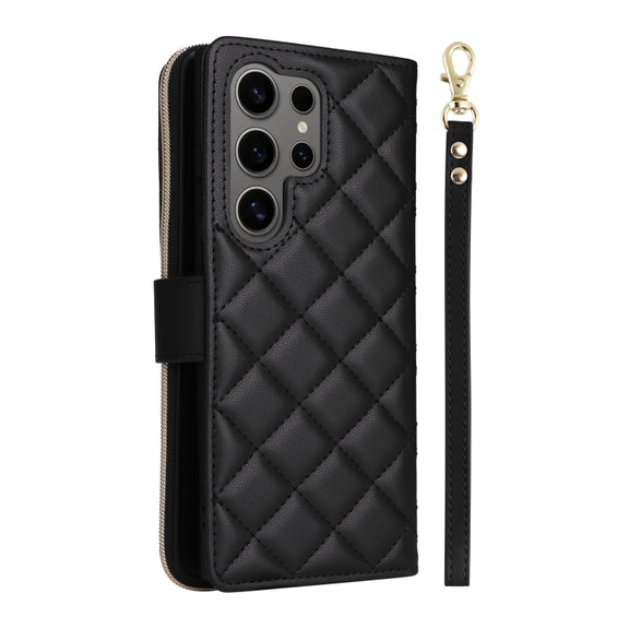 For Samsung Galaxy S25 Ultra 5G Crossbody Rhombic Zipper Tower Buckle Leather Phone Case with Lanyard(Black)