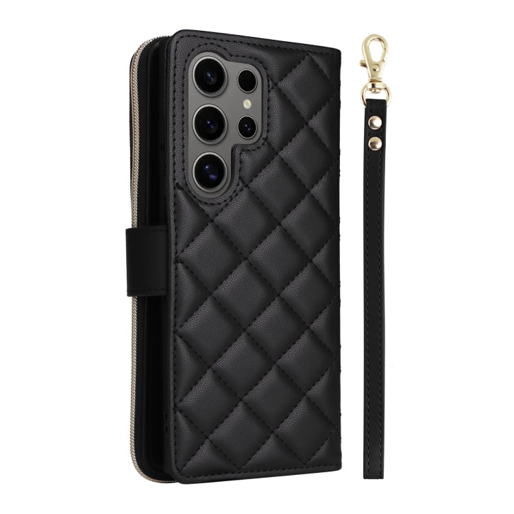 For Samsung Galaxy S25 Ultra 5G Crossbody Rhombic Zipper Tower Buckle Leather Phone Case with Lanyard(Black)