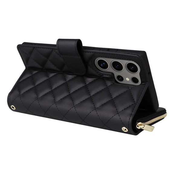 For Samsung Galaxy S25 Ultra 5G Crossbody Rhombic Zipper Tower Buckle Leather Phone Case with Lanyard(Black)