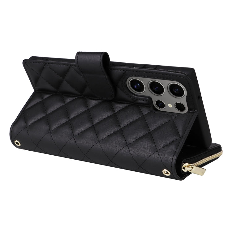 For Samsung Galaxy S25 Ultra 5G Crossbody Rhombic Zipper Tower Buckle Leather Phone Case with Lanyard(Black)
