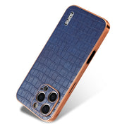 For iPhone 16 Pro Max AZNS Electroplated Frame Crocodile Texture Full Coverage Phone Case(Blue)