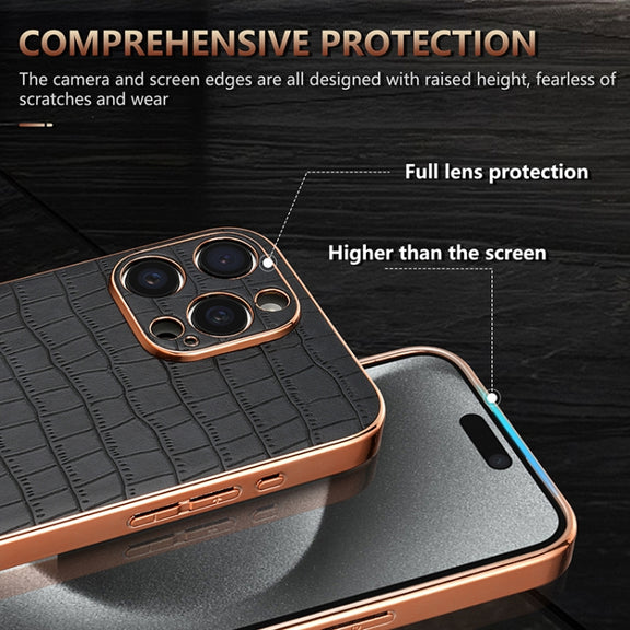 For iPhone 16 Pro Max AZNS Electroplated Frame Crocodile Texture Full Coverage Phone Case(Blue)