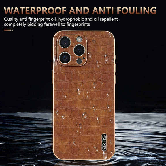 For iPhone 16 Pro Max AZNS Electroplated Frame Crocodile Texture Full Coverage Phone Case(Blue)