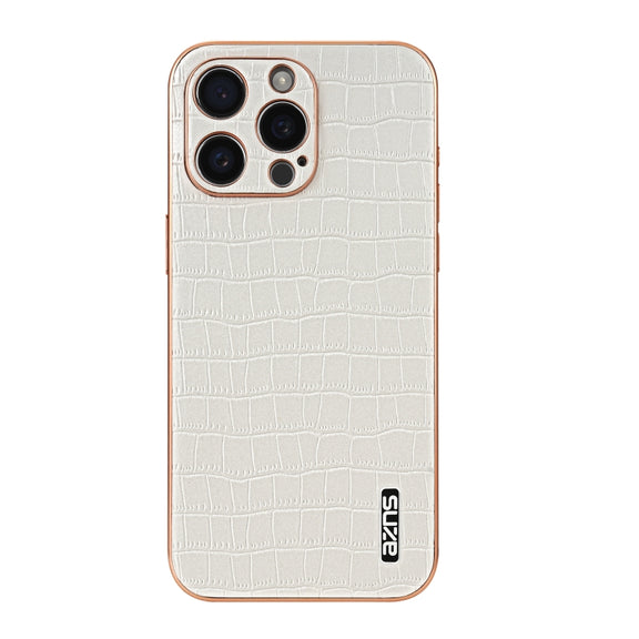 For iPhone 16 Pro Max AZNS Electroplated Frame Crocodile Texture Full Coverage Phone Case(White)