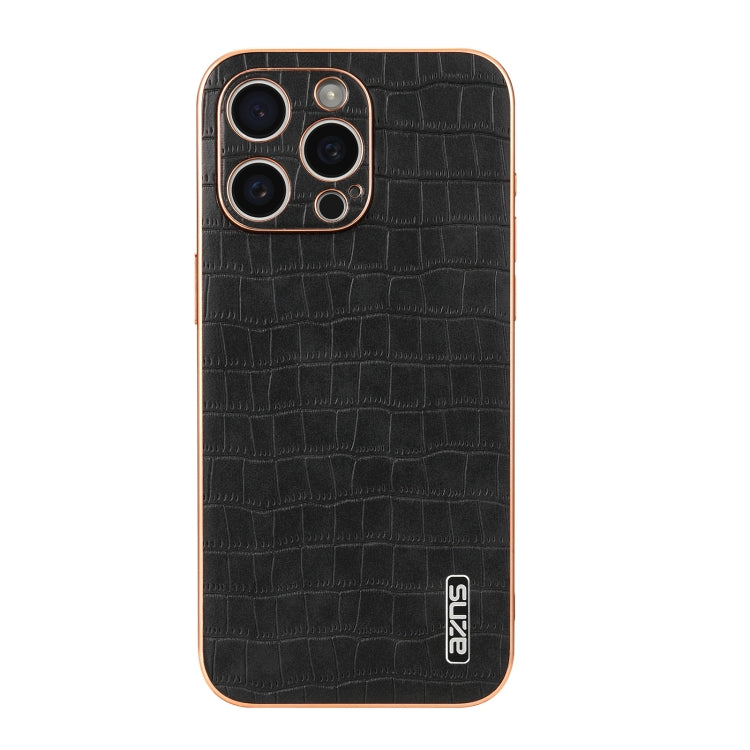For iPhone 16 Pro AZNS Electroplated Frame Crocodile Texture Full Coverage Phone Case(Black)