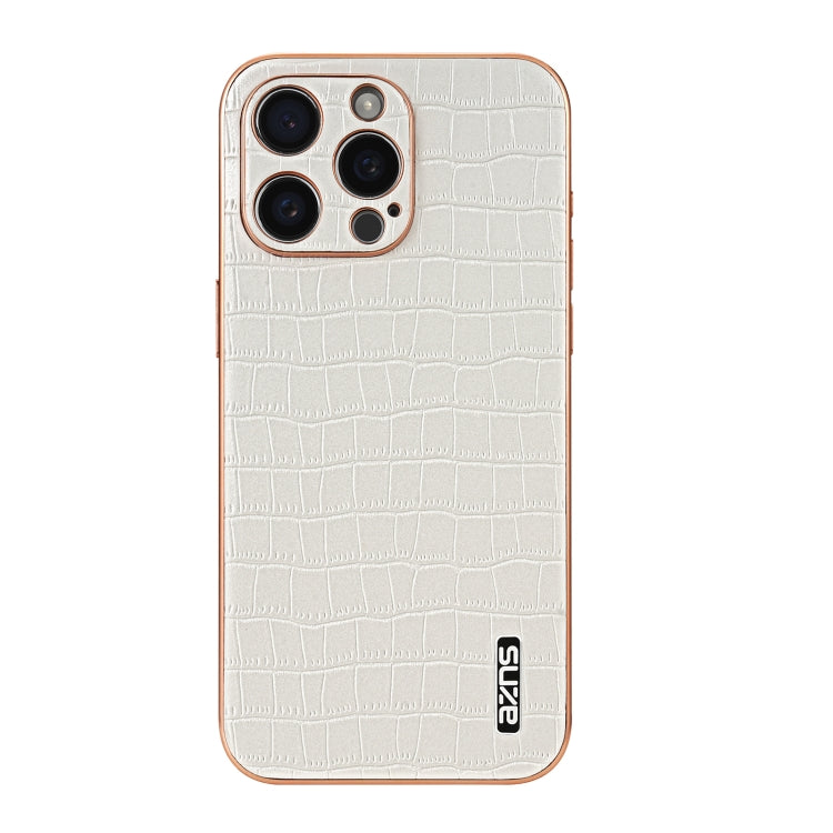 For iPhone 16 Pro AZNS Electroplated Frame Crocodile Texture Full Coverage Phone Case(White)