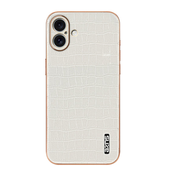 For iPhone 16 Plus AZNS Electroplated Frame Crocodile Texture Full Coverage Phone Case(White)