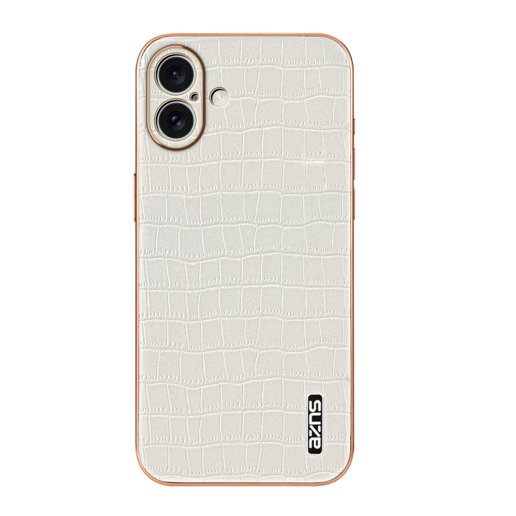 For iPhone 16 Plus AZNS Electroplated Frame Crocodile Texture Full Coverage Phone Case(White)