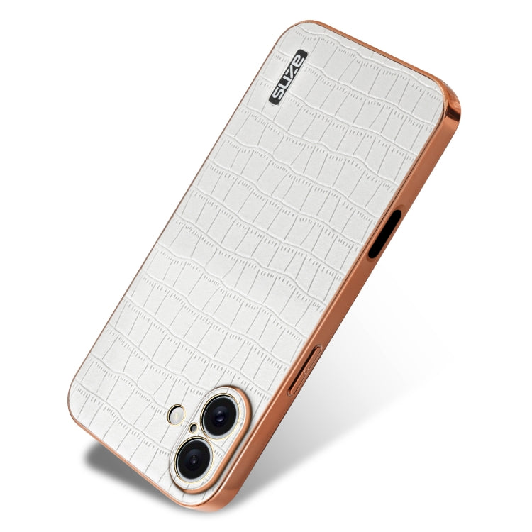 For iPhone 16 Plus AZNS Electroplated Frame Crocodile Texture Full Coverage Phone Case(White)