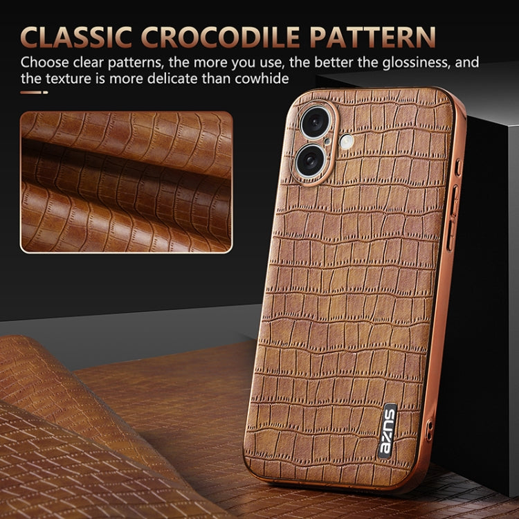 For iPhone 16 Plus AZNS Electroplated Frame Crocodile Texture Full Coverage Phone Case(White)