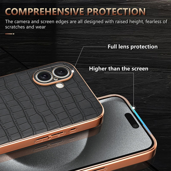 For iPhone 16 Plus AZNS Electroplated Frame Crocodile Texture Full Coverage Phone Case(White)