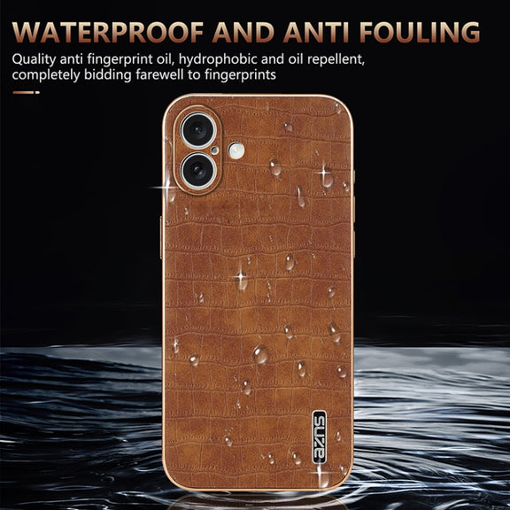 For iPhone 16 Plus AZNS Electroplated Frame Crocodile Texture Full Coverage Phone Case(White)