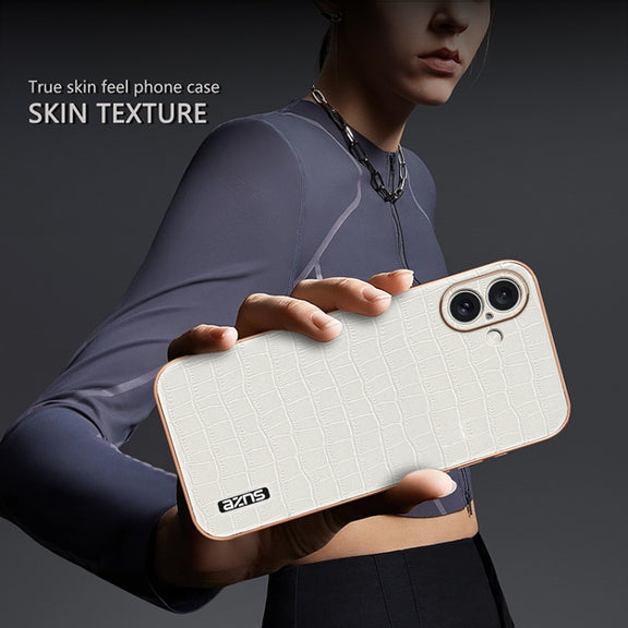 For iPhone 16 Plus AZNS Electroplated Frame Crocodile Texture Full Coverage Phone Case(White)