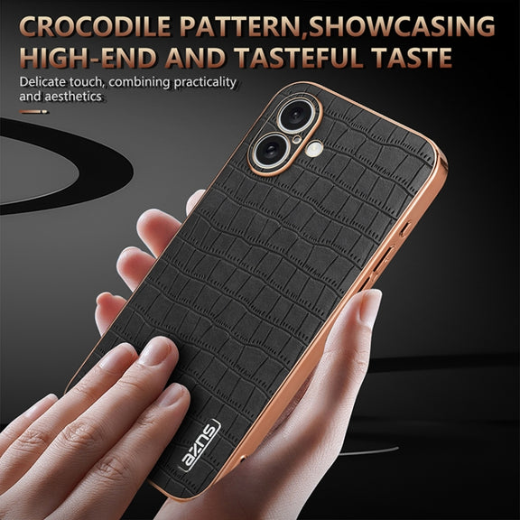 For iPhone 16 AZNS Electroplated Frame Crocodile Texture Full Coverage Phone Case(White)