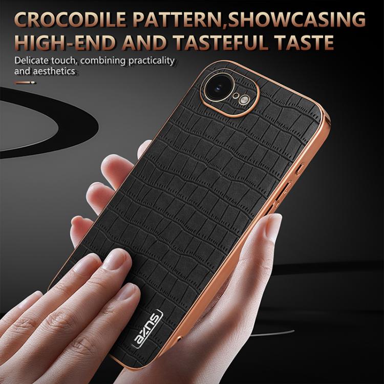 For iPhone 16e AZNS Electroplated Frame Crocodile Texture Full Coverage Phone Case(Black)