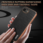 For iPhone 16e AZNS Electroplated Frame Crocodile Texture Full Coverage Phone Case(Brown)