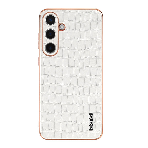 For Samsung Galaxy S24 5G AZNS Electroplated Frame Crocodile Texture Full Coverage Phone Case(White)