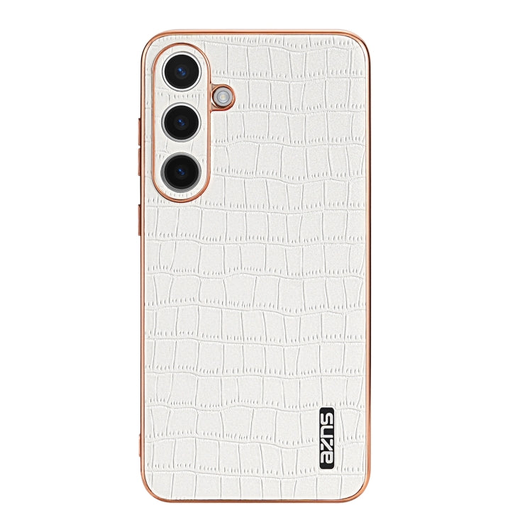 For Samsung Galaxy S24 5G AZNS Electroplated Frame Crocodile Texture Full Coverage Phone Case(White)