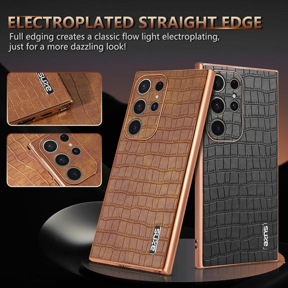 For Samsung Galaxy S24 Ultra 5G AZNS Electroplated Frame Crocodile Texture Full Coverage Phone Case(Brown)
