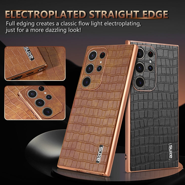 For Samsung Galaxy S24 Ultra 5G AZNS Electroplated Frame Crocodile Texture Full Coverage Phone Case(Brown)