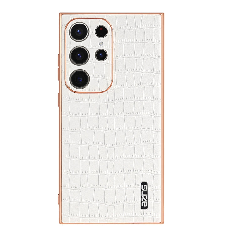 For Samsung Galaxy S24 Ultra 5G AZNS Electroplated Frame Crocodile Texture Full Coverage Phone Case(White)