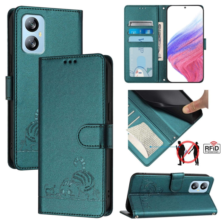 For Blackview A52 Cat Rat Embossed Pattern RFID Leather Phone Case with Lanyard(Peacock Green) - More Brand by PMC TechLife | Online Shopping South Africa | PMC TechLife | Buy Now Pay Later Mobicred