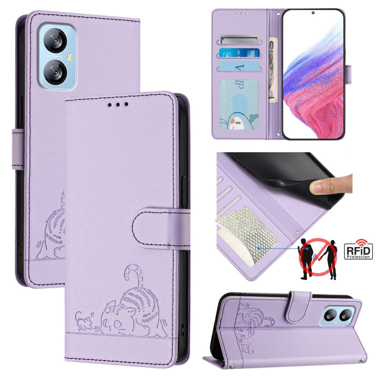 For Blackview A52 Cat Rat Embossed Pattern RFID Leather Phone Case with Lanyard(Purple) - More Brand by PMC TechLife | Online Shopping South Africa | PMC TechLife | Buy Now Pay Later Mobicred